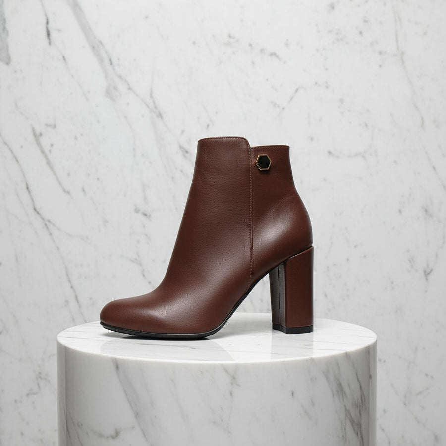 Profile of CELIA brown leather ankle boot with block 8cm heel, petite-friendly.