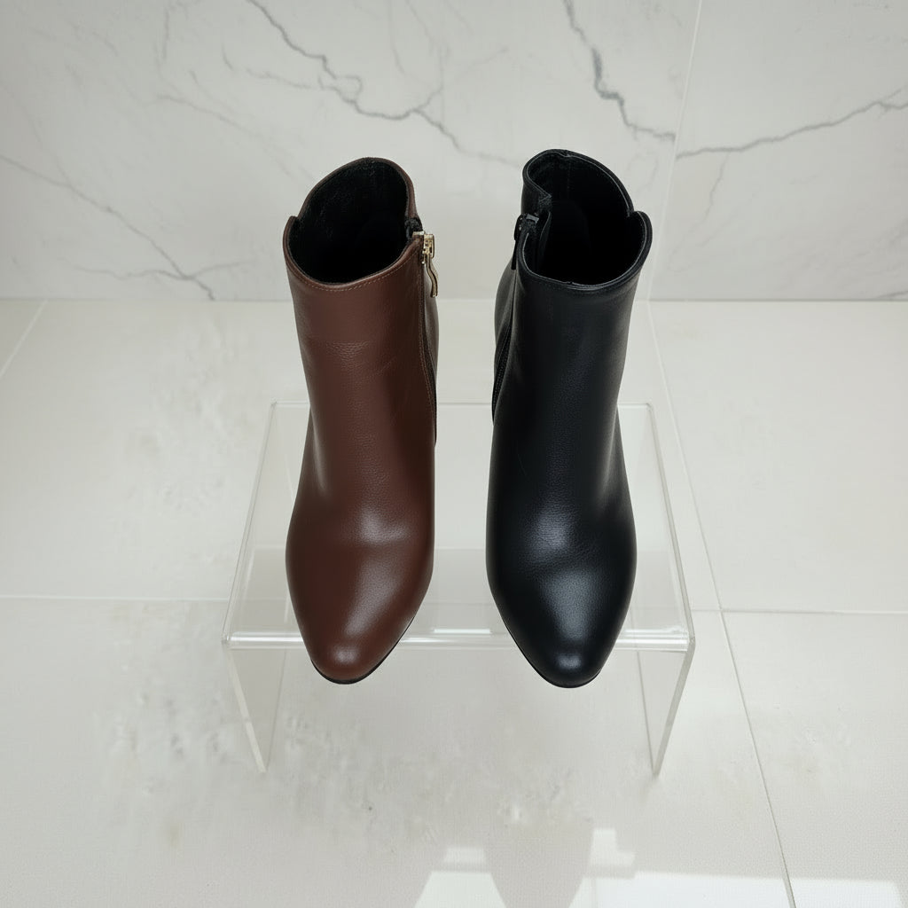 Top view of CELIA ankle boots in brown and black leather for small feet.