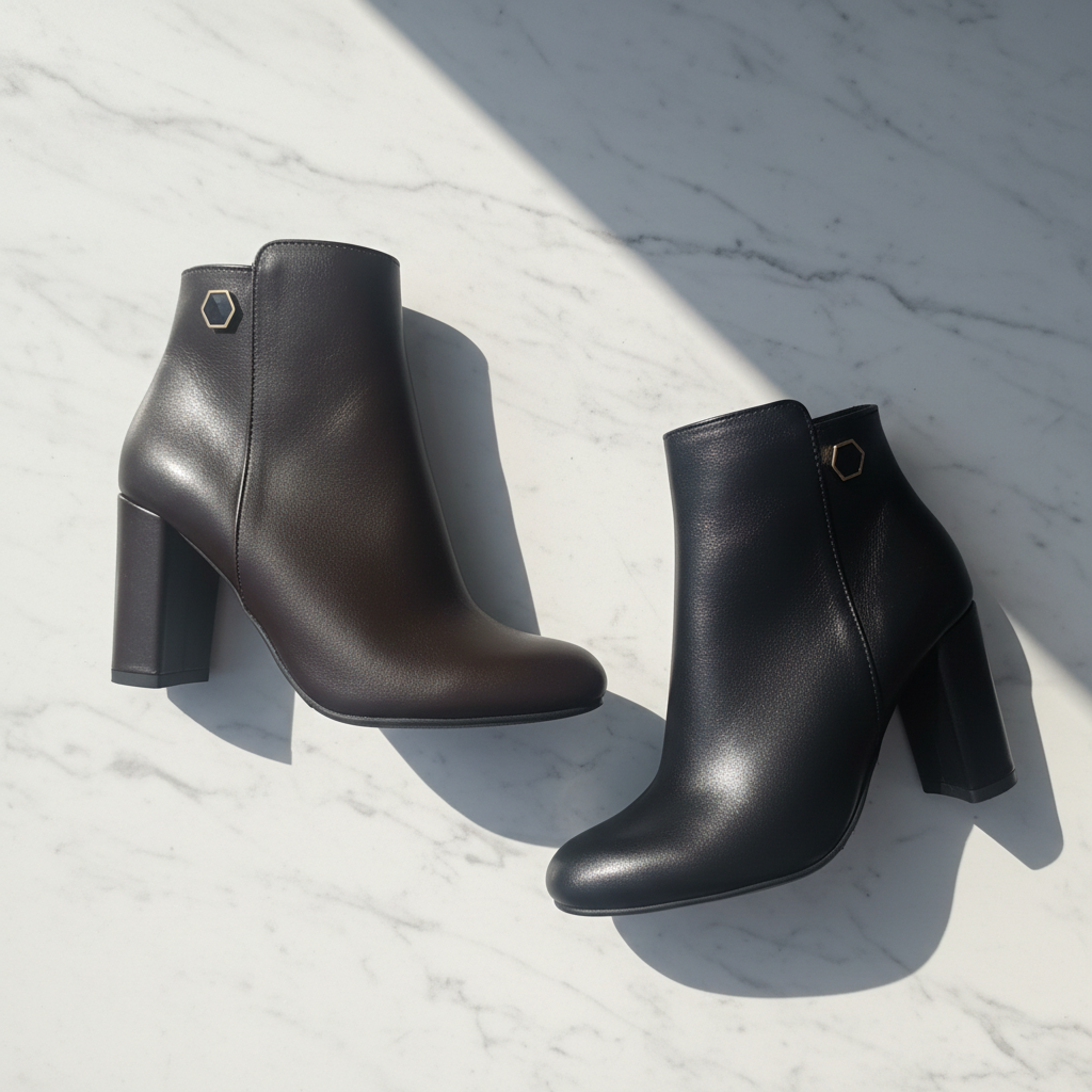 Two ankle boots with block heels and small gold-tone hexagonal hardware, displayed on a light marble surface with diagonal shadows.