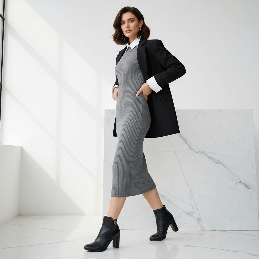Black ankle boots worn by a person on a marble floor