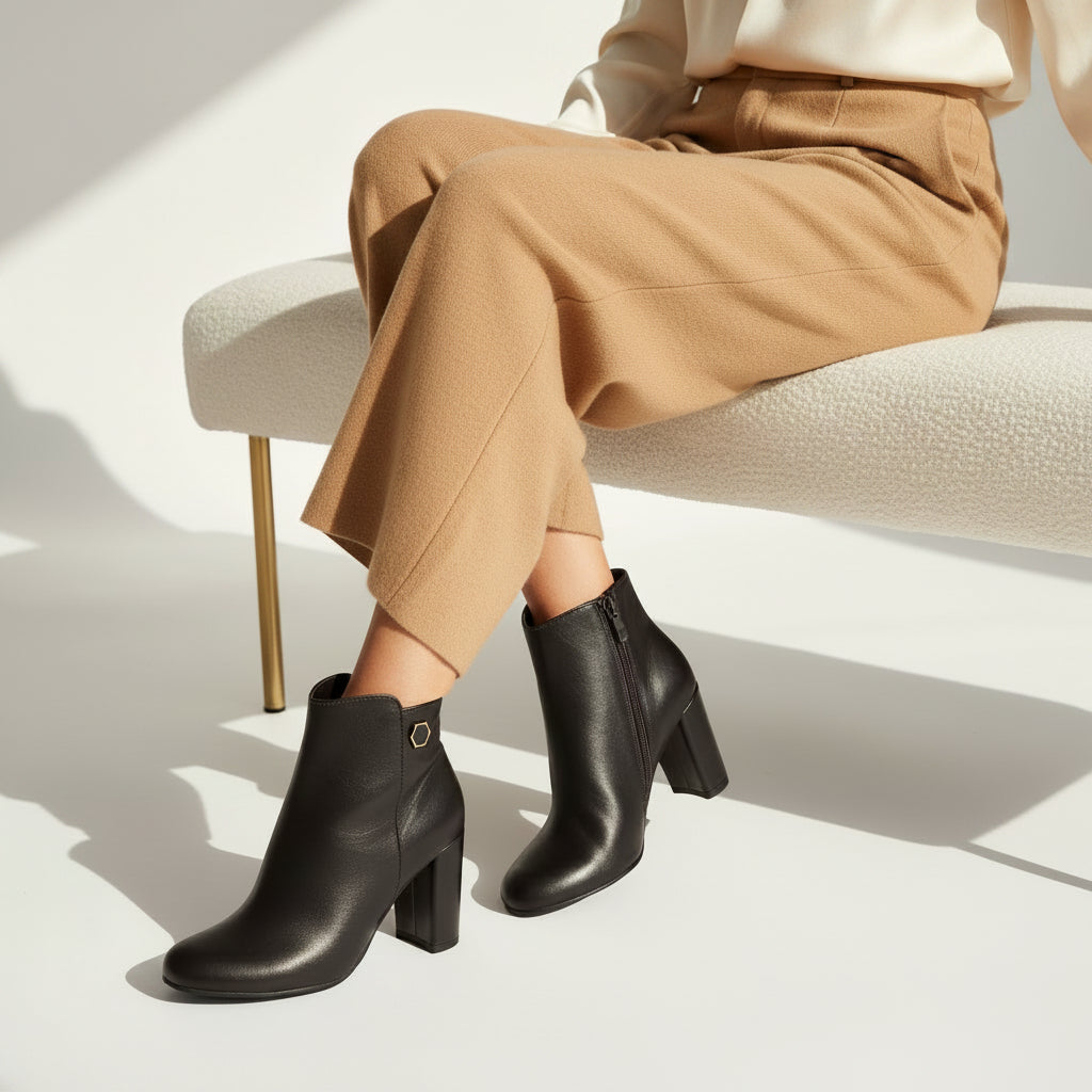 A female model sat on a lux white upholstered bench wearing wool tailored trousers with complimenting cream silk blouse and black leather boots.