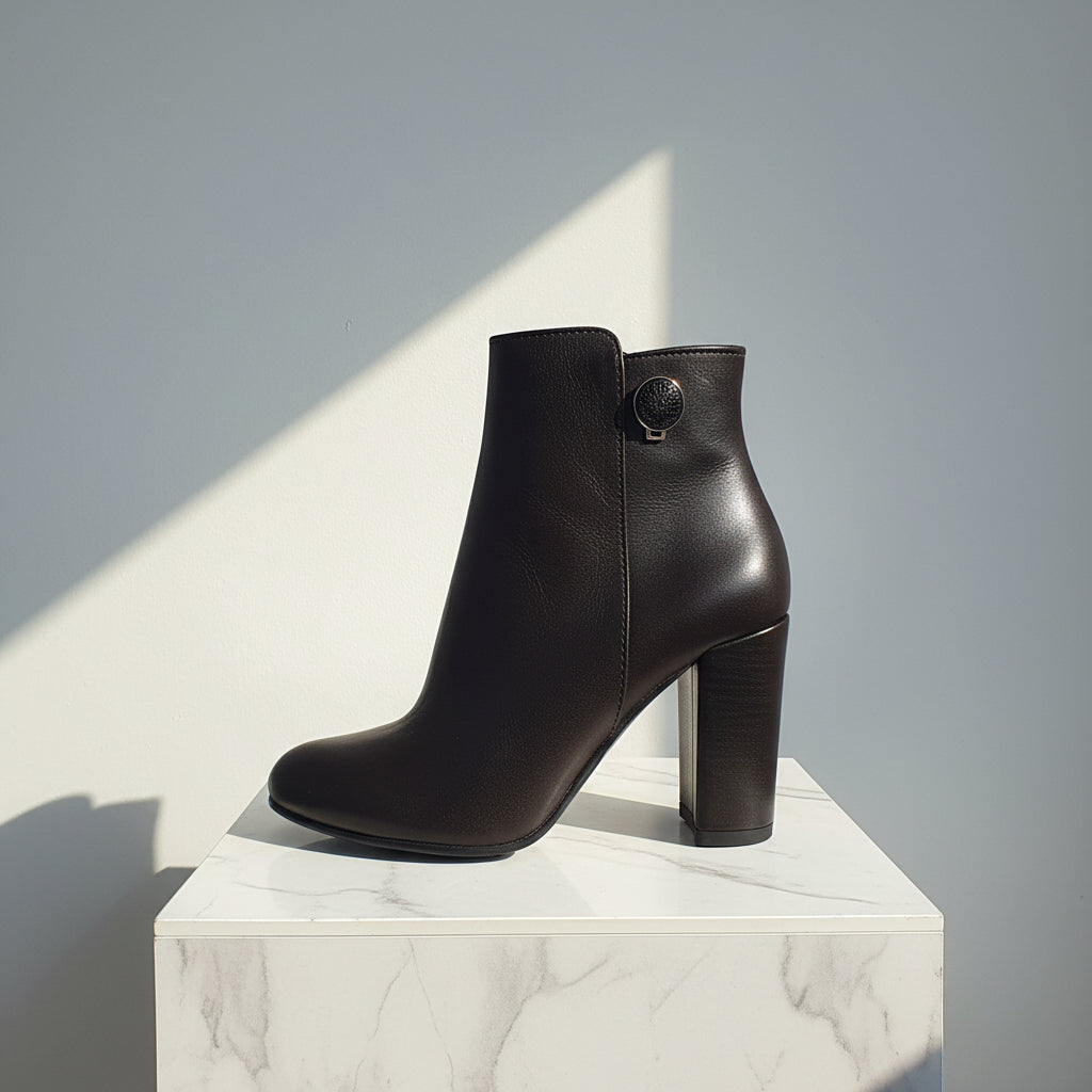 A chocolate brown leather ankle boot with a chunky block heel and a decorative round metal emblem on the side, photographed against a light gray background.