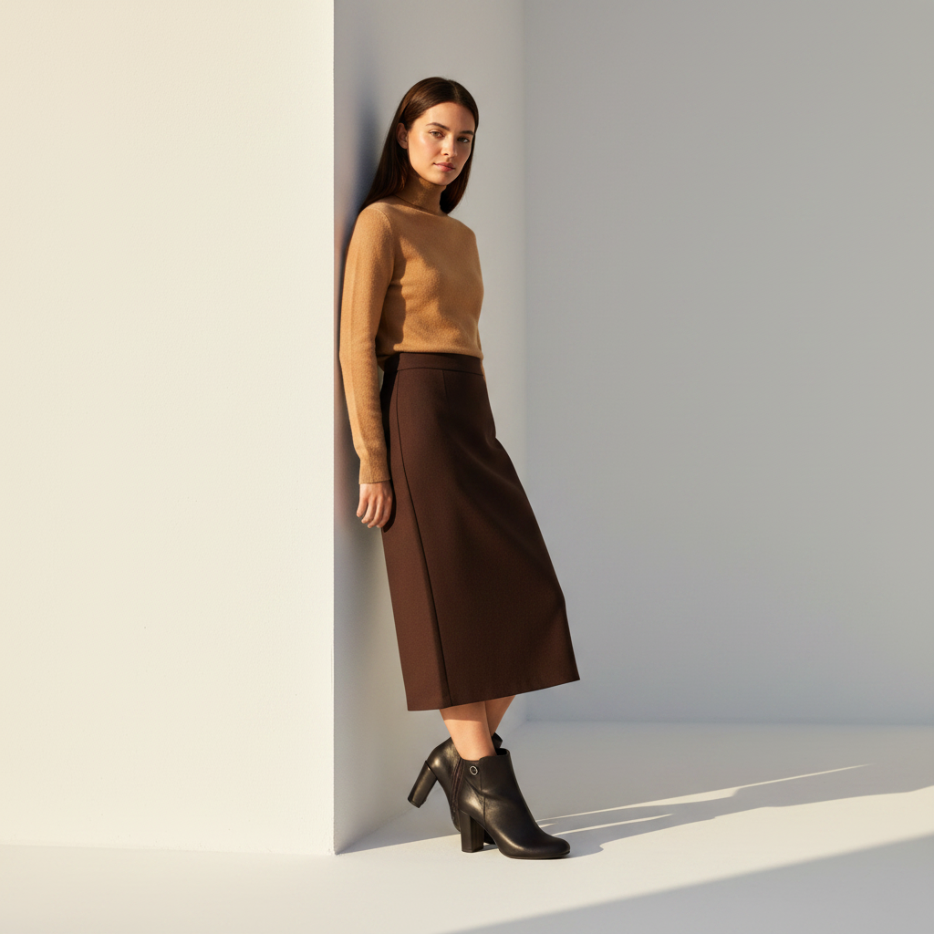 A woman stands in a minimalist studio corner wearing a camel mock-neck knit top, a dark brown midi skirt, and black ankle boots.
