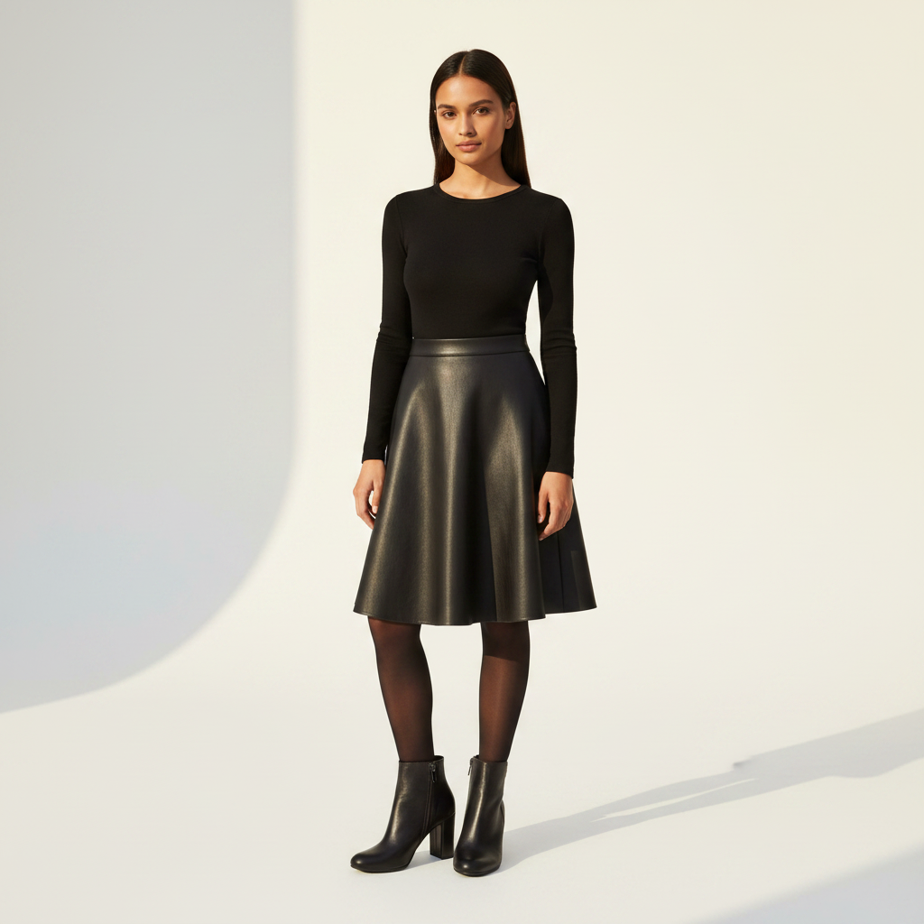 A woman stands in a studio wearing a fitted black long-sleeve top, a black leather-look flared skirt, black tights, and black ankle boots against a warm off-white background with soft shadows.