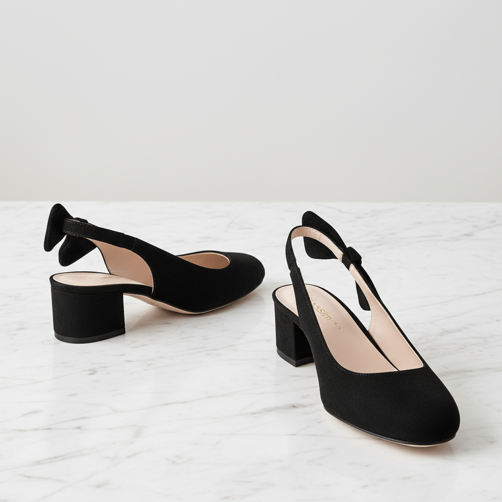 Black suede petite slingback heel with removable bow.