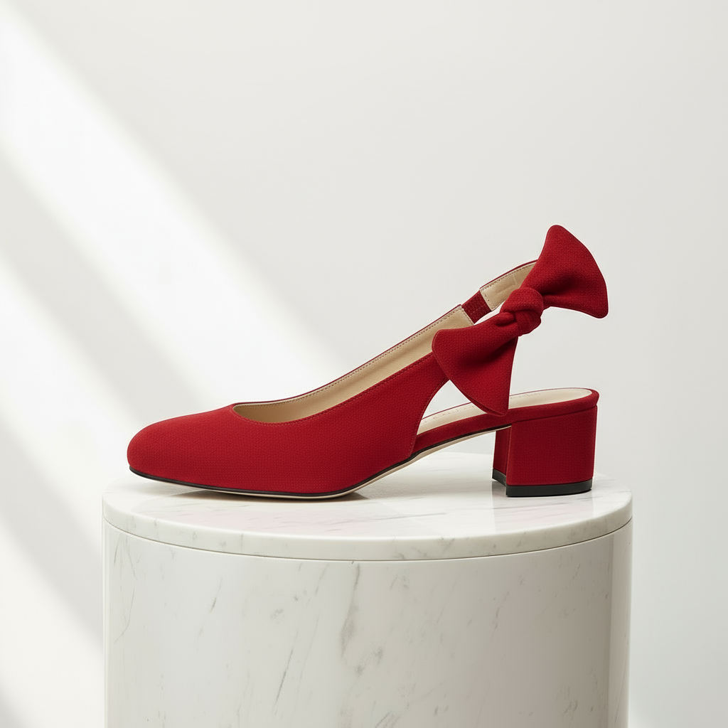 Red suede removable bow slingback on a mid block heel
