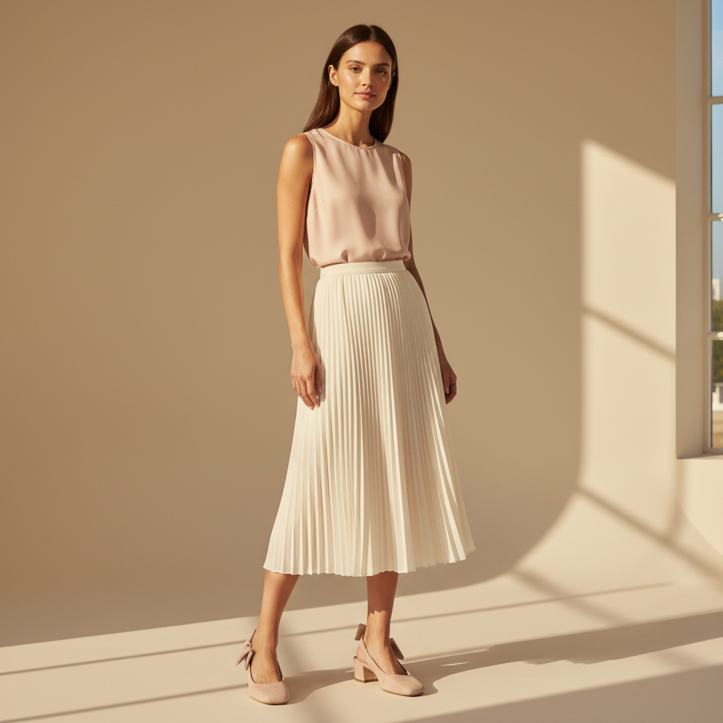 A woman stands in a sunlit studio wearing a sleeveless blush pink top and a cream pleated midi skirt, paired with nude heels.