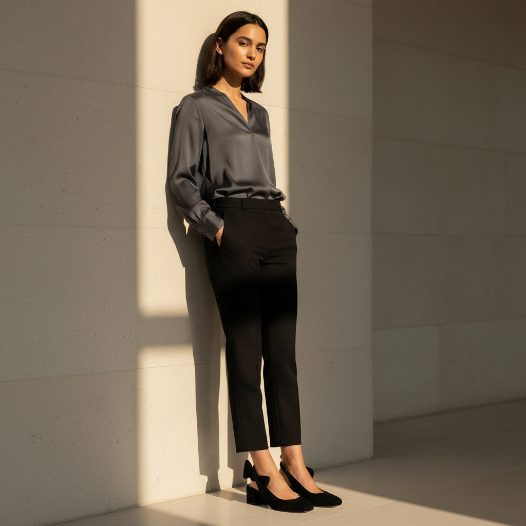 A female model leaning against a wall wearing black tailored trousers, a grey silk blouse and black suede slingback shoes.