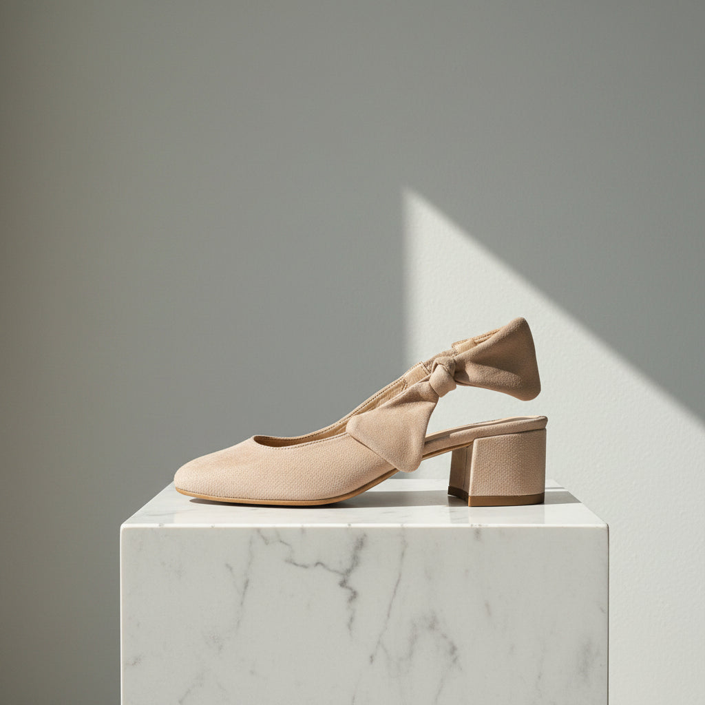Beige high-heeled shoes with bow detail on a marble pedestal against a gray background