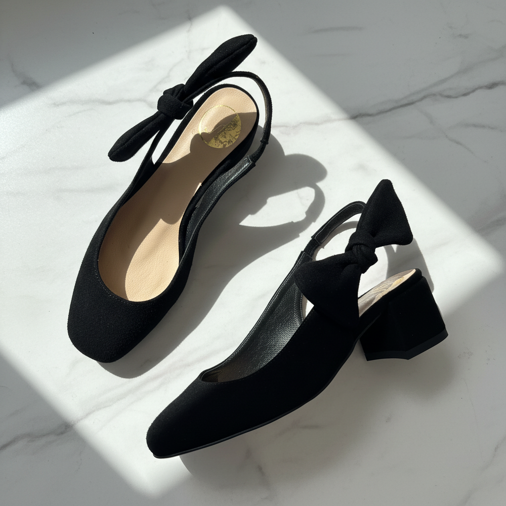 A pair of black slingback low-heel pumps with bow details on the straps, displayed on a white marble surface with dramatic diagonal sunlight casting shadows.