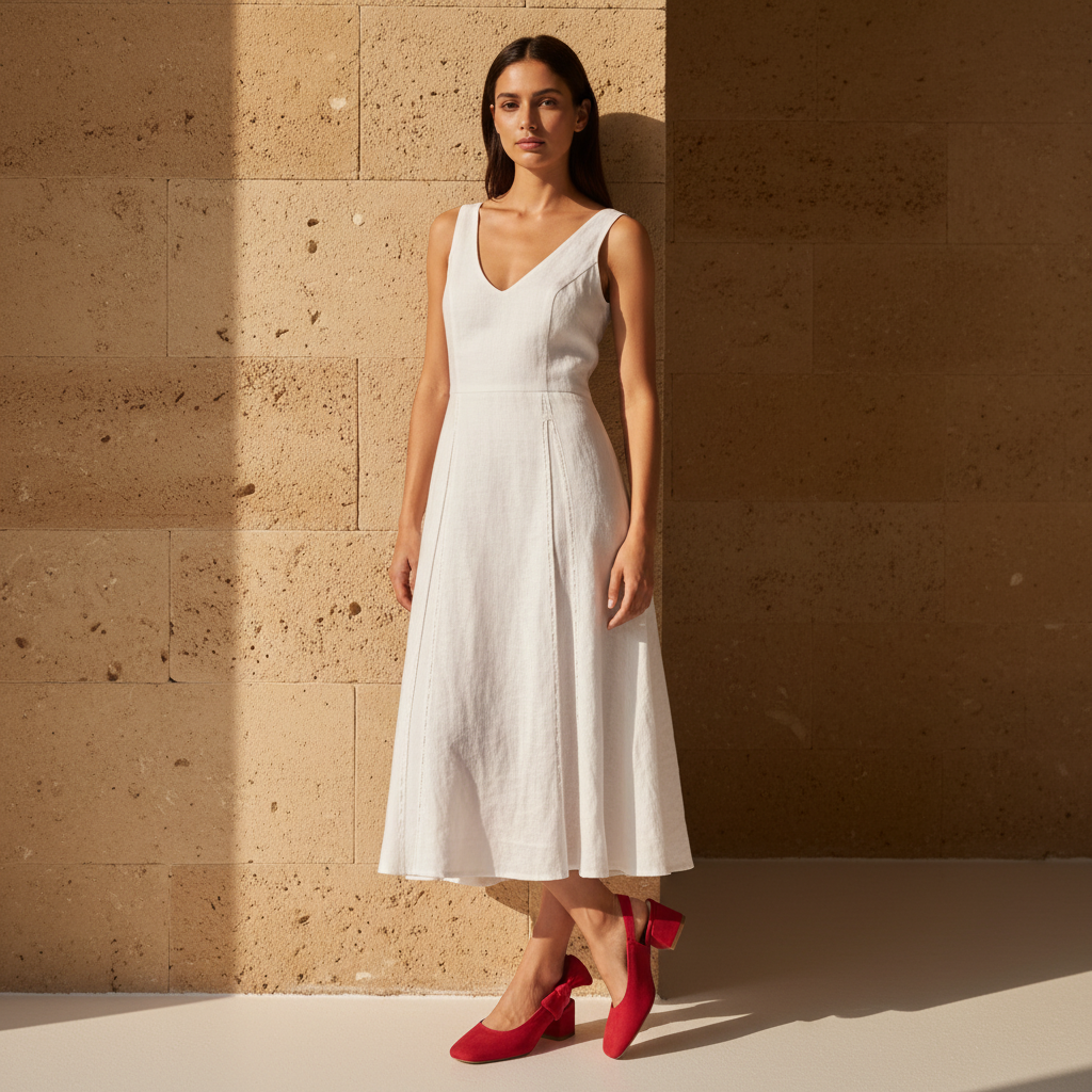A woman stands against a warm beige stone wall wearing a sleeveless white midi dress with a V-neckline and flared skirt, paired with bright red pointed-toe heels.