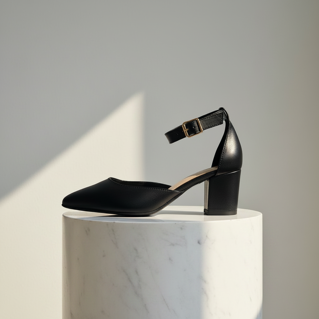 Black high-heeled shoe on a white marble pedestal against a gray background