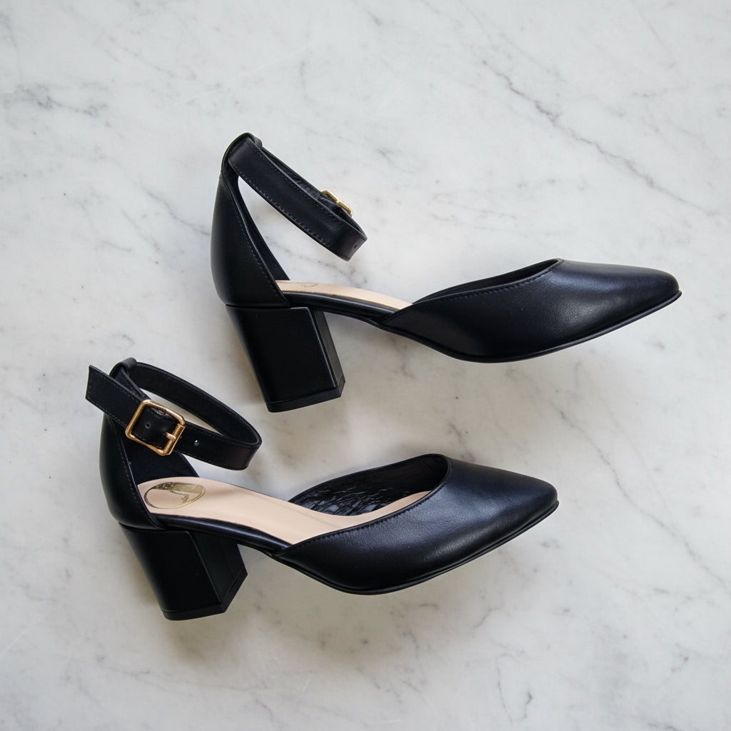 Black leather block heel pointed toe court shoes. 