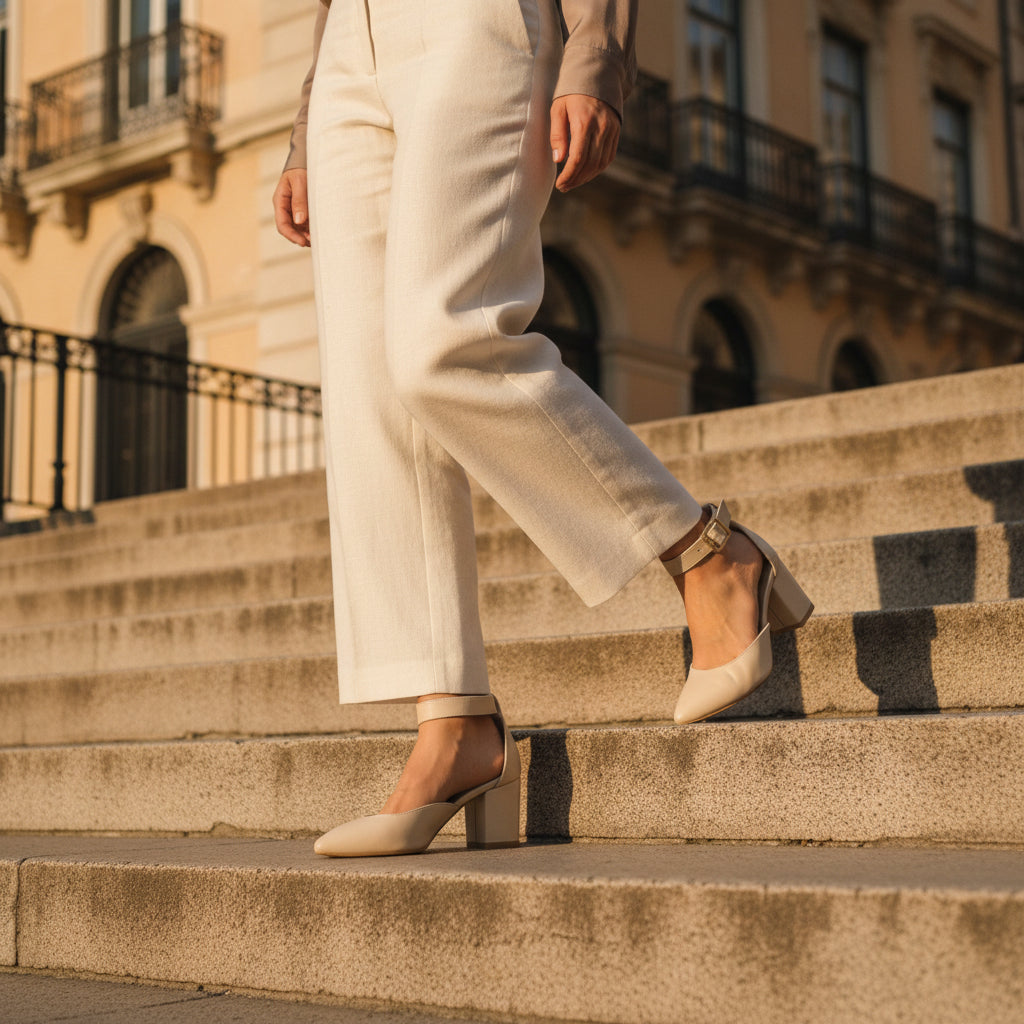 A pair of beige pointed-toe block-heel pumps with ankle straps and gold-tone buckles, photographed on a light gray surface.