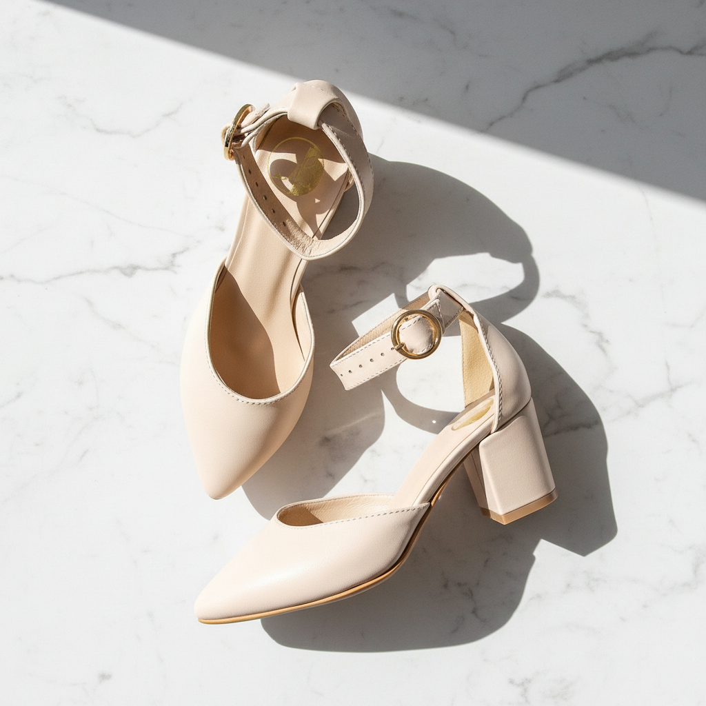 Beige high-heeled shoes with gold accents on a marble surface
