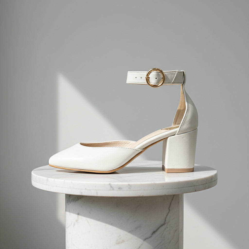White high-heeled shoe with a gold buckle on a gray background
