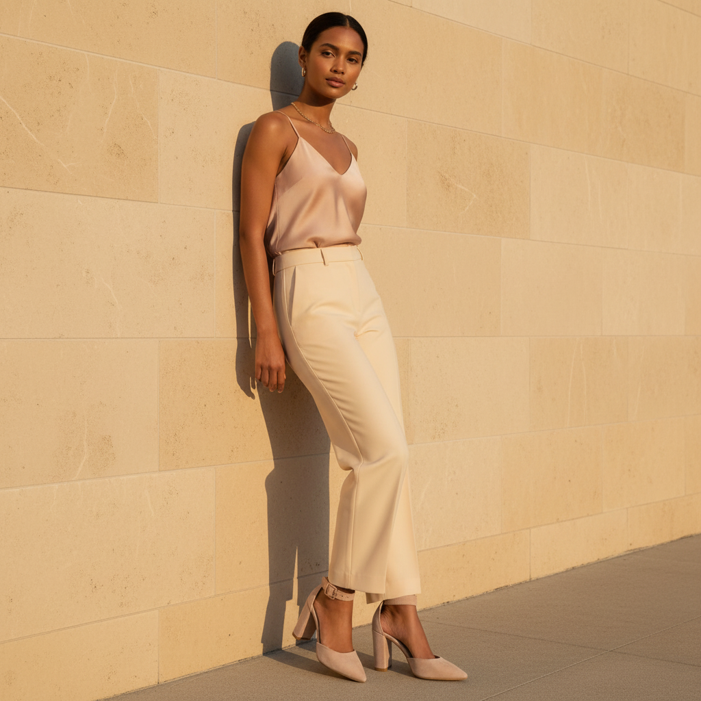 A woman stands against a beige stone wall wearing a satin camisole top, cream-colored trousers, and nude heels.
