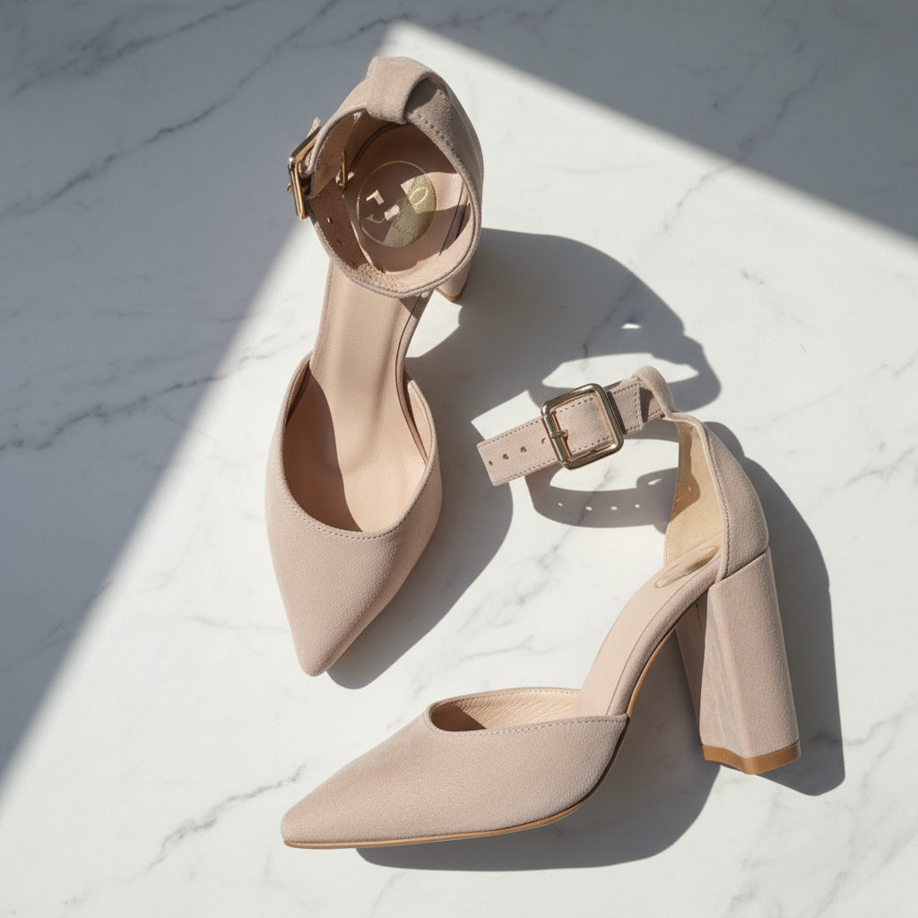 A pair of women's pointed-toe high heels in a light taupe suede-like material, featuring ankle straps with gold-tone buckles, photographed on a light gray tiled surface.