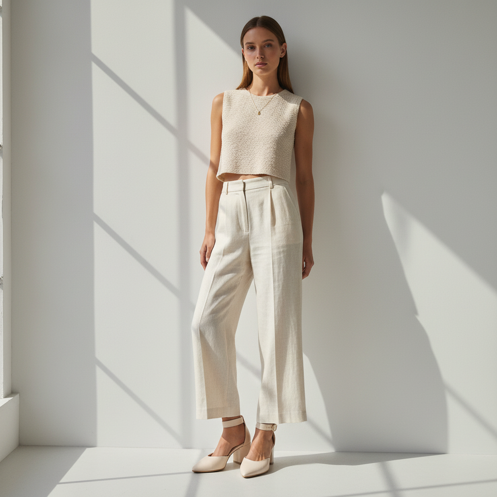 Woman wearing a beige sleeveless top and white pants standing in a well-lit room with sunlight casting shadows on the wall.