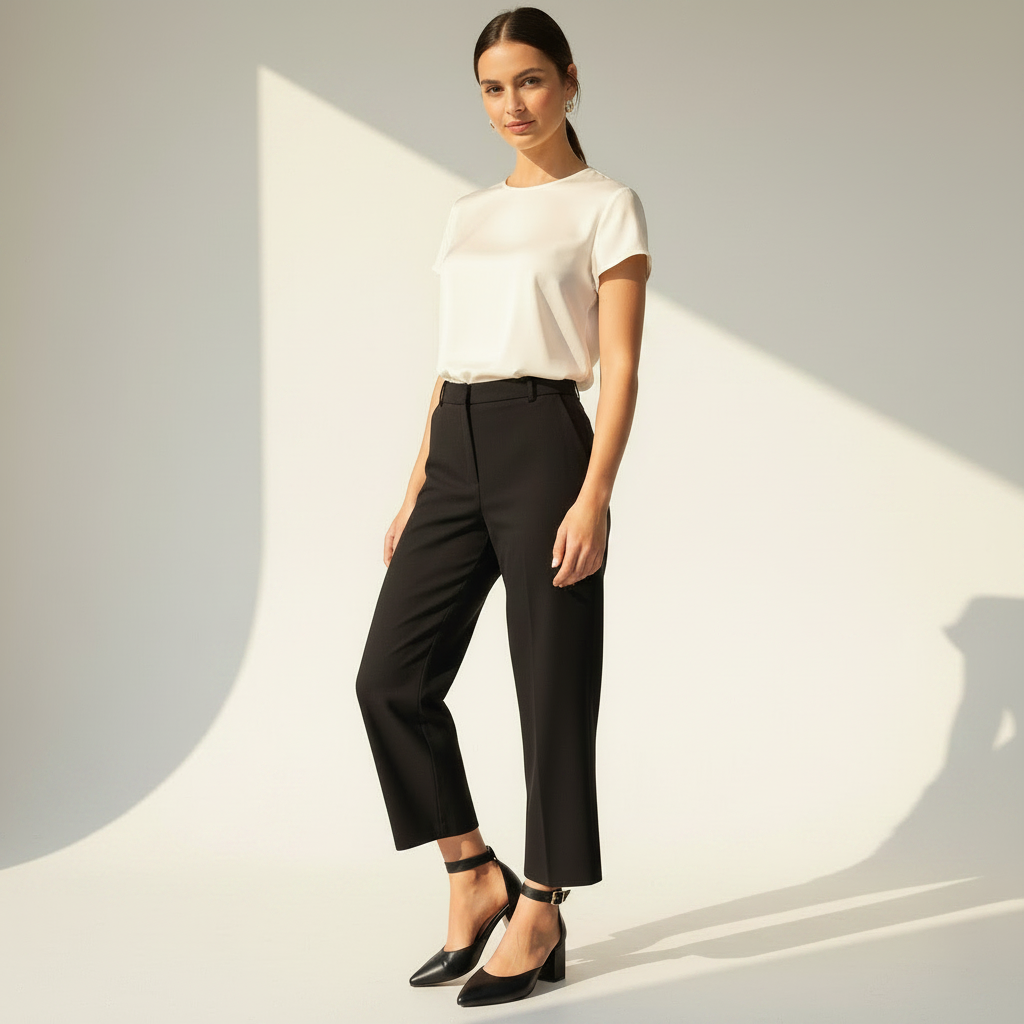 Woman wearing a white top and black pants against a neutral background