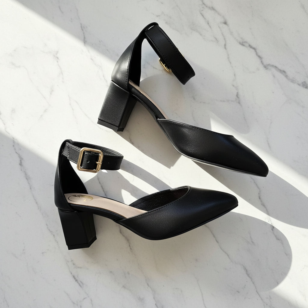 Black high-heeled shoes with a gold buckle on a white background