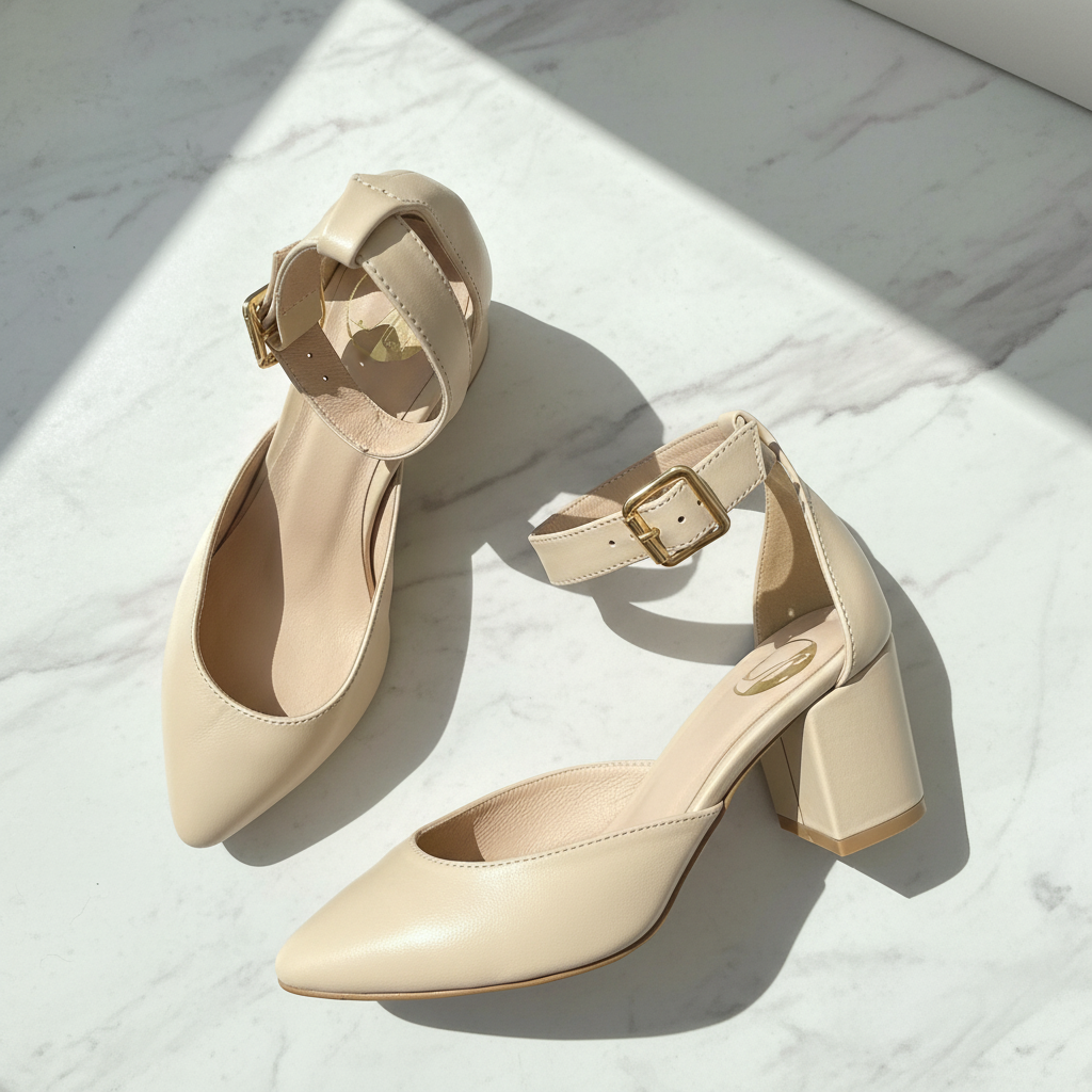 A pair of beige pointed-toe high-heel pumps with ankle straps and gold-tone buckles, arranged on a light marble surface with diagonal shadows.