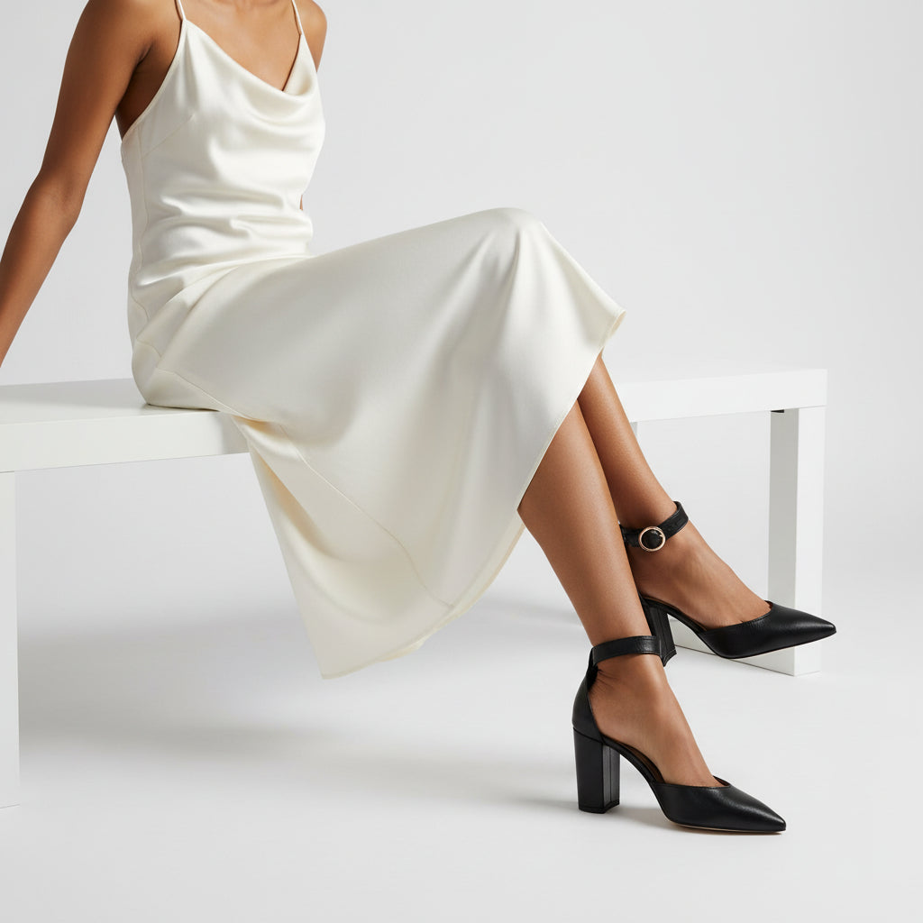 Person wearing a white dress and black high-heeled shoes on a white background