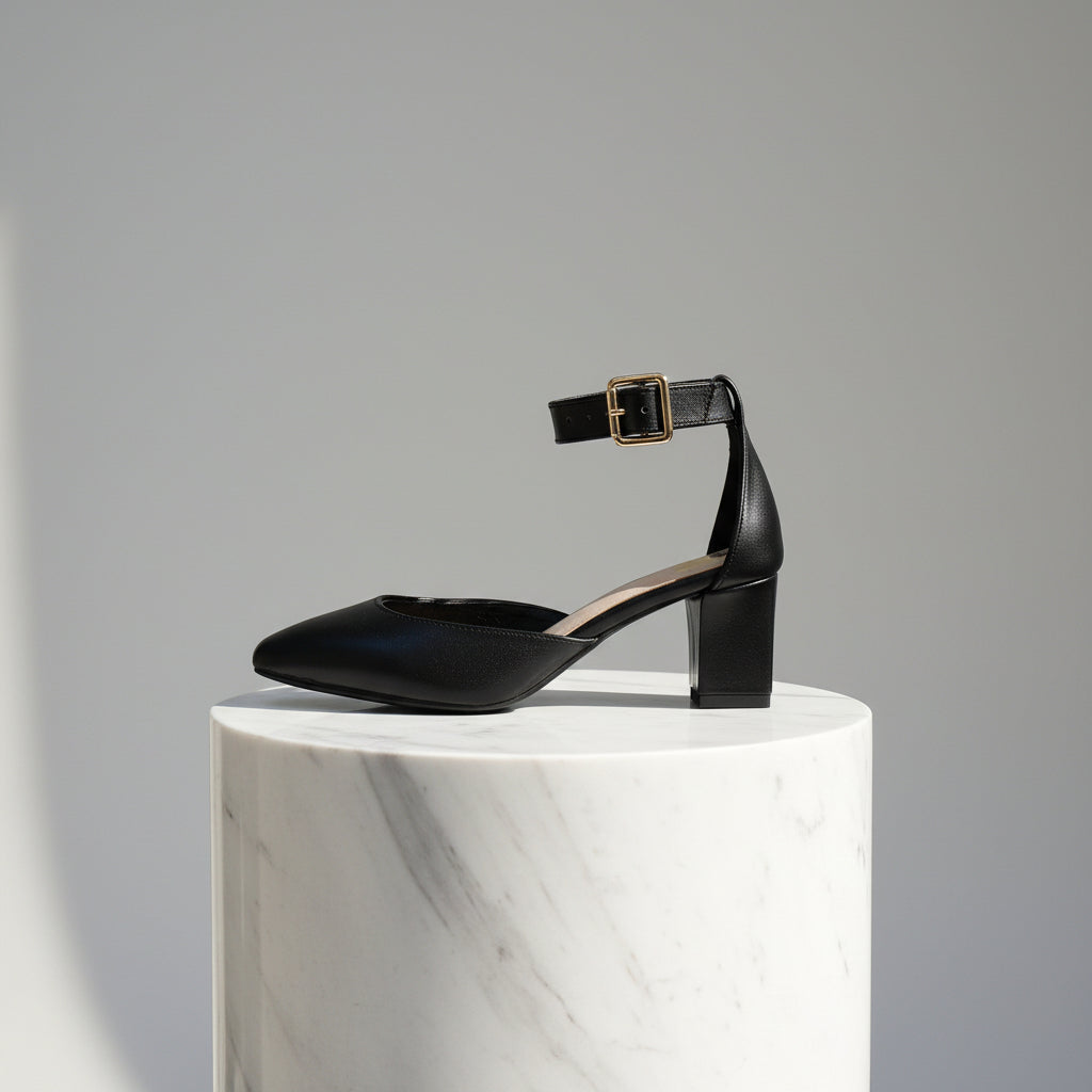 Black block-heeled shoe with a gold buckle on a white background