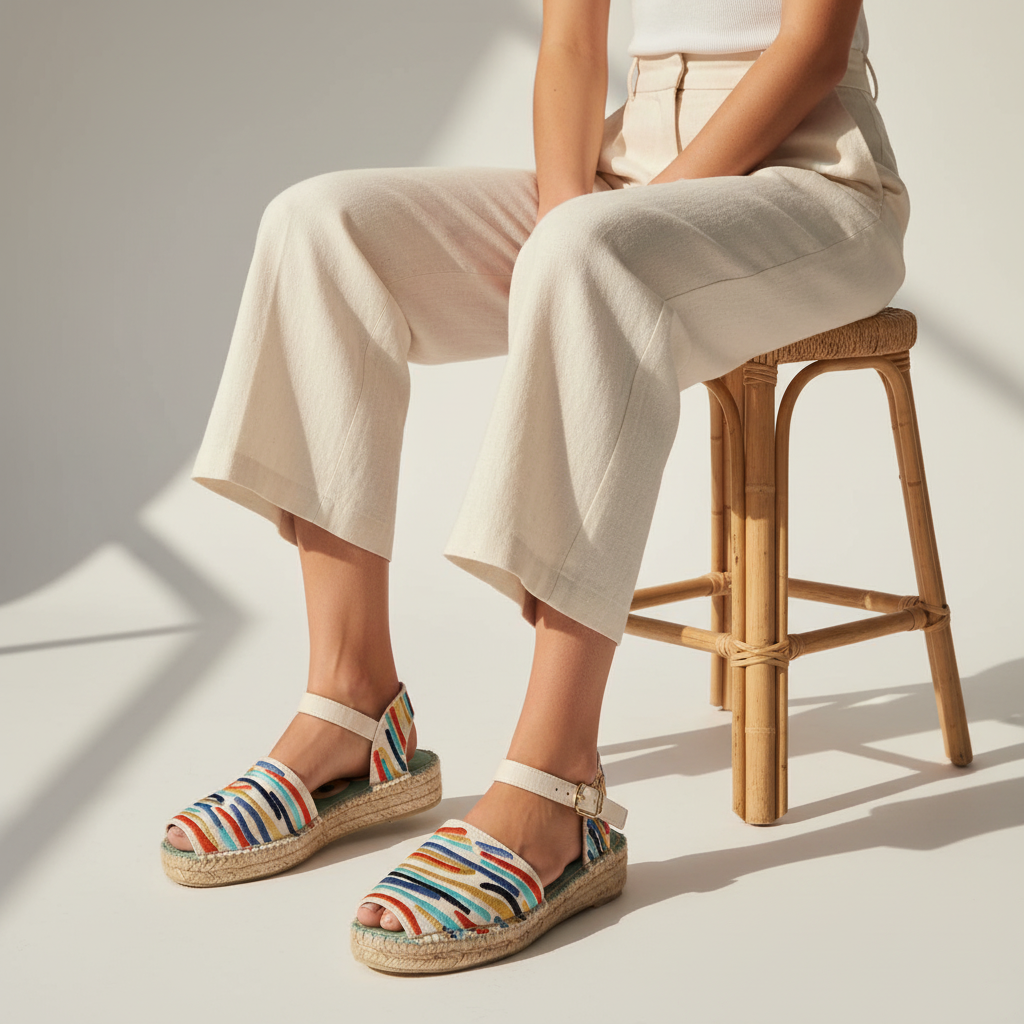 A person seated on a wooden stool wearing colorfull striped espadrille wedge sandals with white ankle straps and cream wide-leg cropped pants, photographed in a bright studio setting with strong sunlight and shadows.