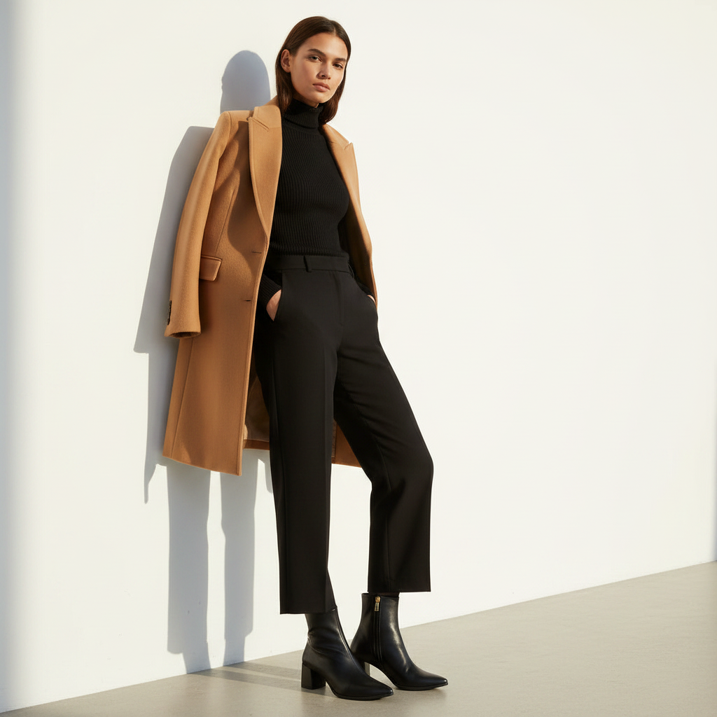 Model wearing CORA black leather block heel ankle boots with a camel wool coat, black turtleneck and black cropped trousers, standing in a sunlit studio.