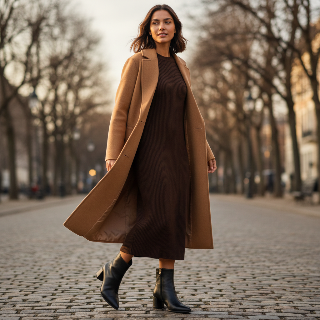 Model walking a cobblestone city street in CORA black leather ankle boots, styled with a camel coat and a brown ribbed knit midi dress.