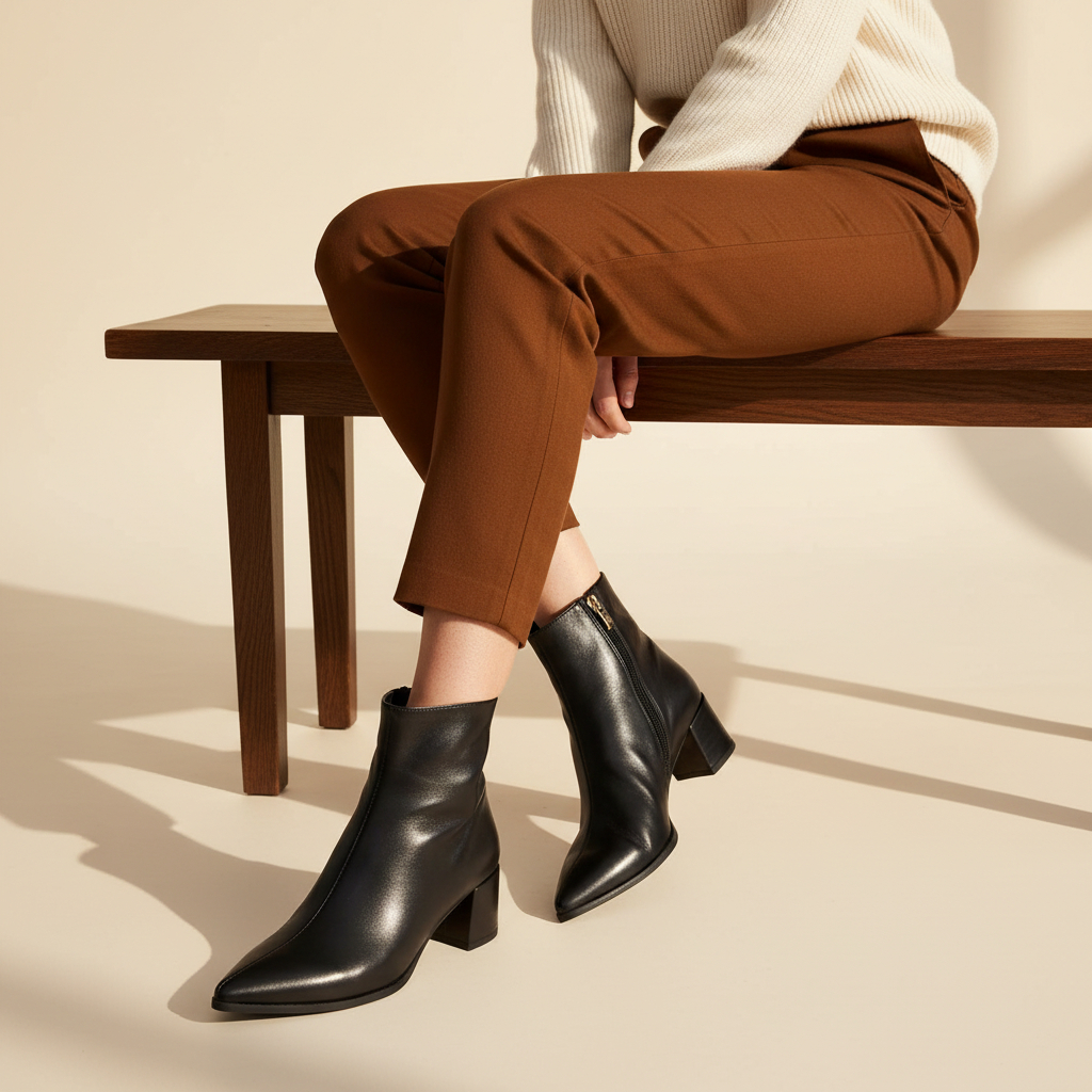 Model sat on a wooden bench wearing dark brown slim suit trousers, cream jumper and black leather ankle boots.