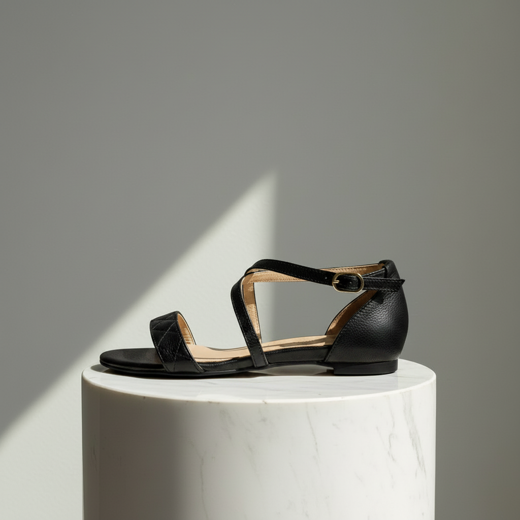 Black leather sandal on a white pedestal against a gray background