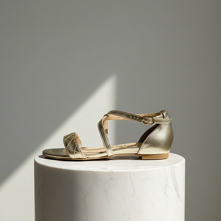 Gold sandal on a white pedestal against a gray background