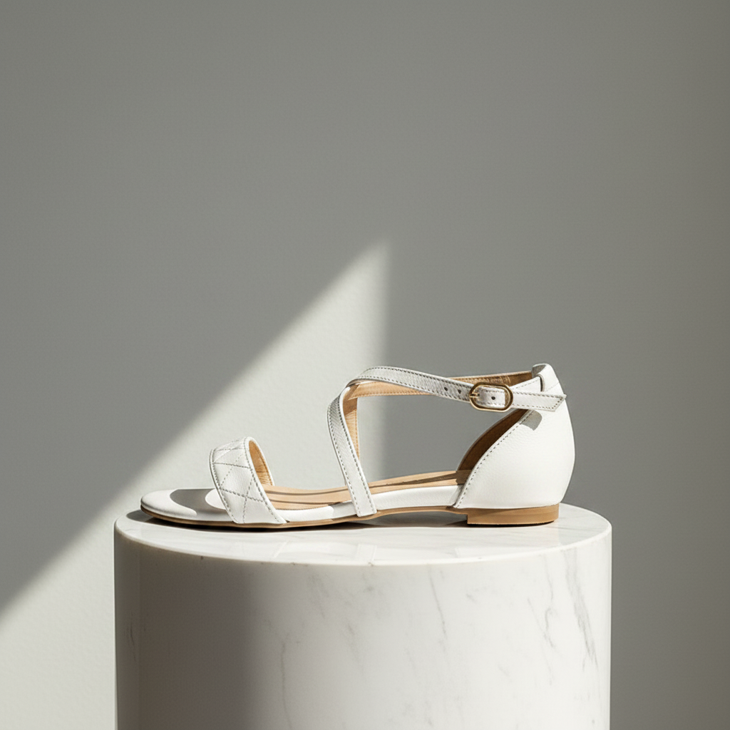 White sandal on a marble pedestal with a gray background