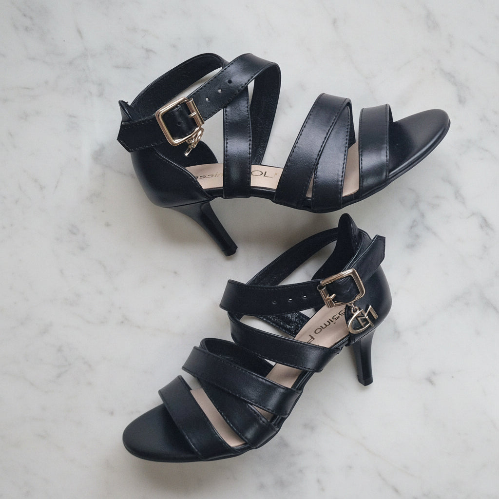 Black strappy high-heeled sandals on a light gray marble background
