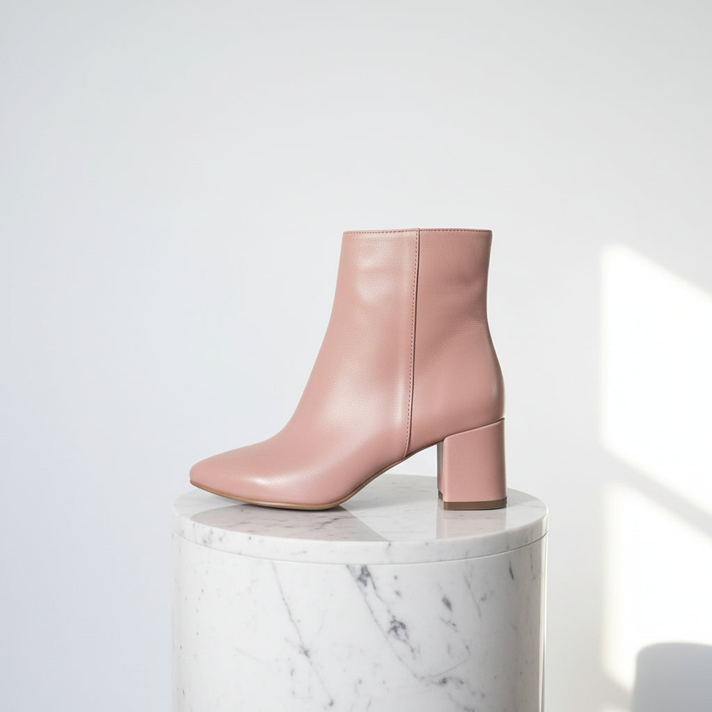 Pink ankle boot on a white marble pedestal with a light gray background