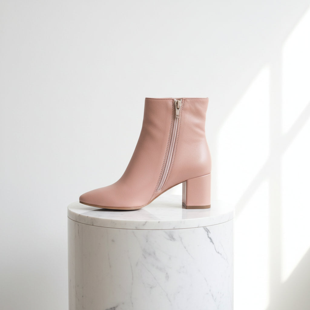 Pink ankle boot on a white marble pedestal with a light gray background