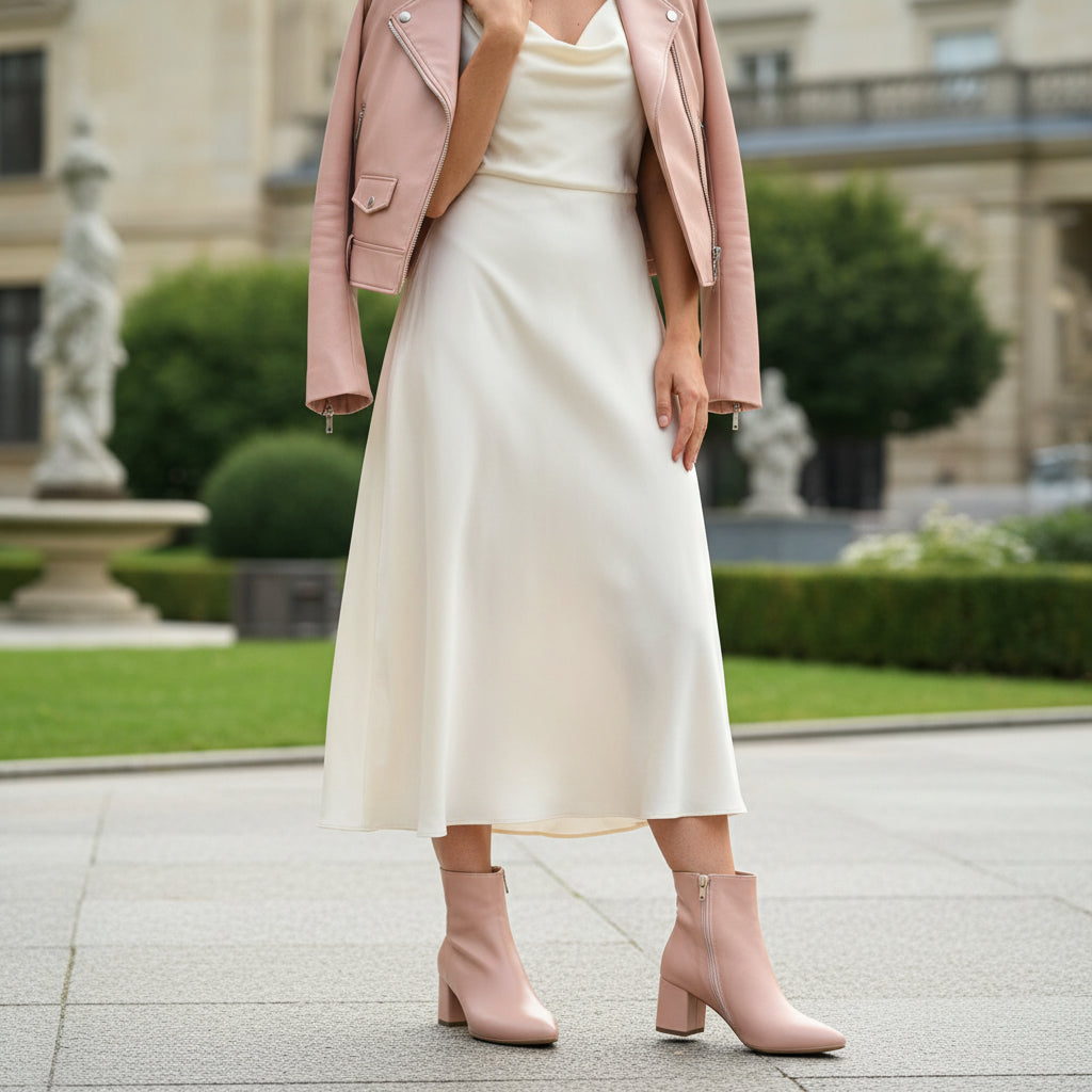 Model wearing a cream mid length dress and jacket with boots in matching blush pink colour.