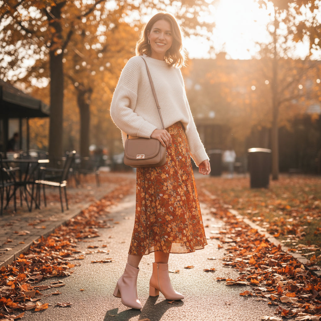Pink ankle boots worn by a person in a park during an autumnal day. 