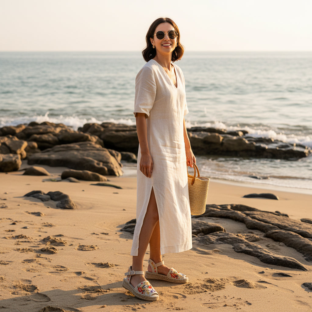 Woman in a white dress standing on a beach with ocean and rocks in the background