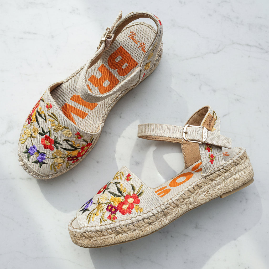 Pair of floral embroidered espadrilles on a light gray background