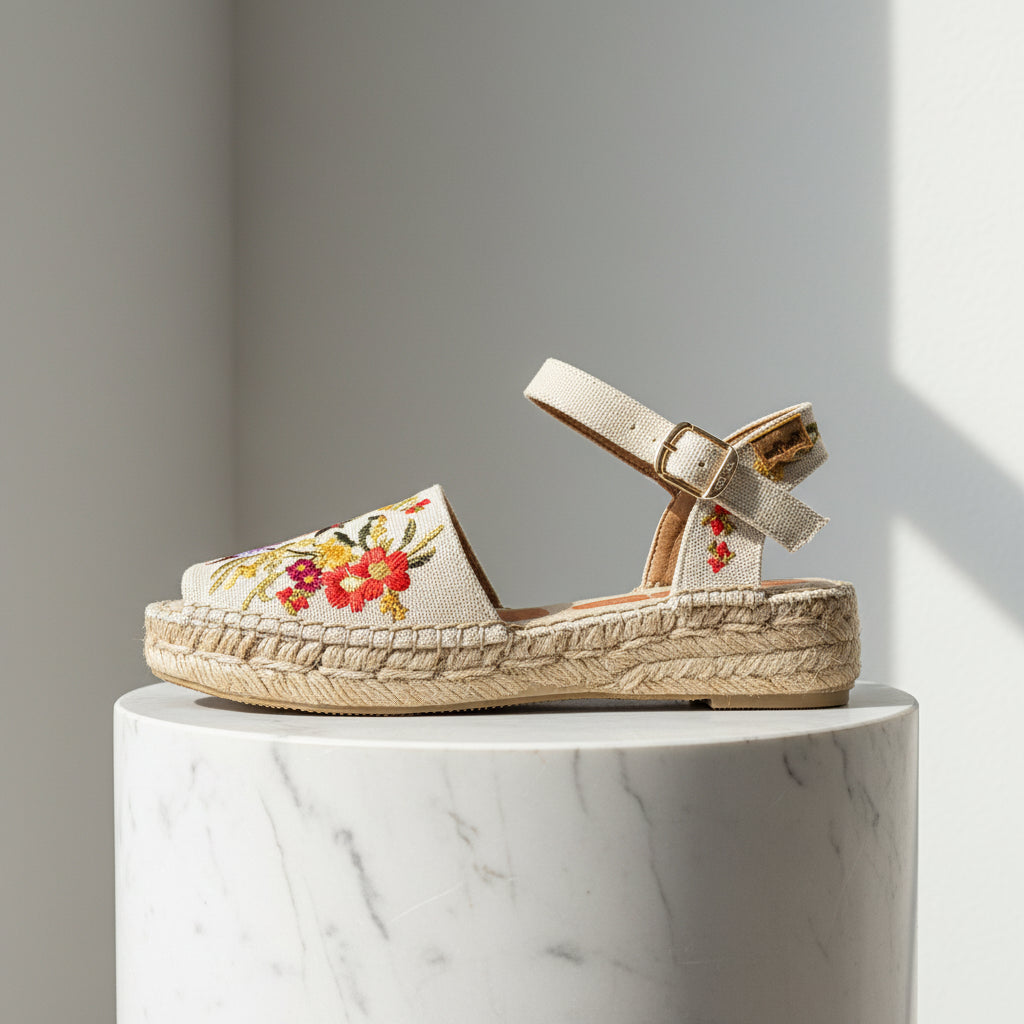 Embroidered sandal with floral design on a marble pedestal against a gray background