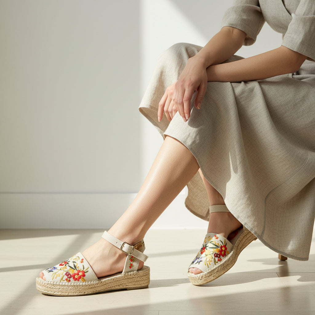 Person wearing floral espadrille sandals on a light wooden floor.