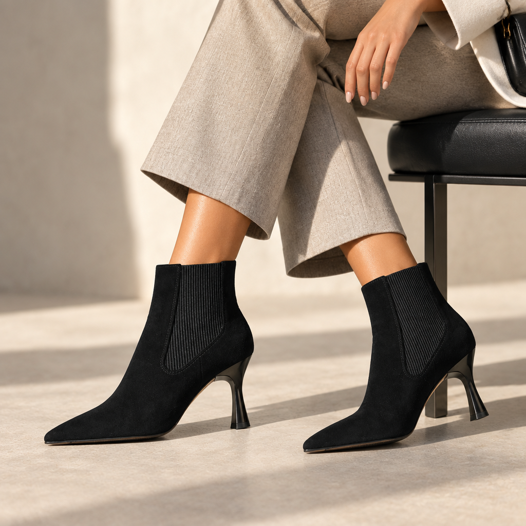 A person seated on a black chair wearing black pointed-toe ankle boots with ribbed elastic side panels and mid-height stiletto heels, paired with beige wide-leg trousers in a sunlit indoor setting.