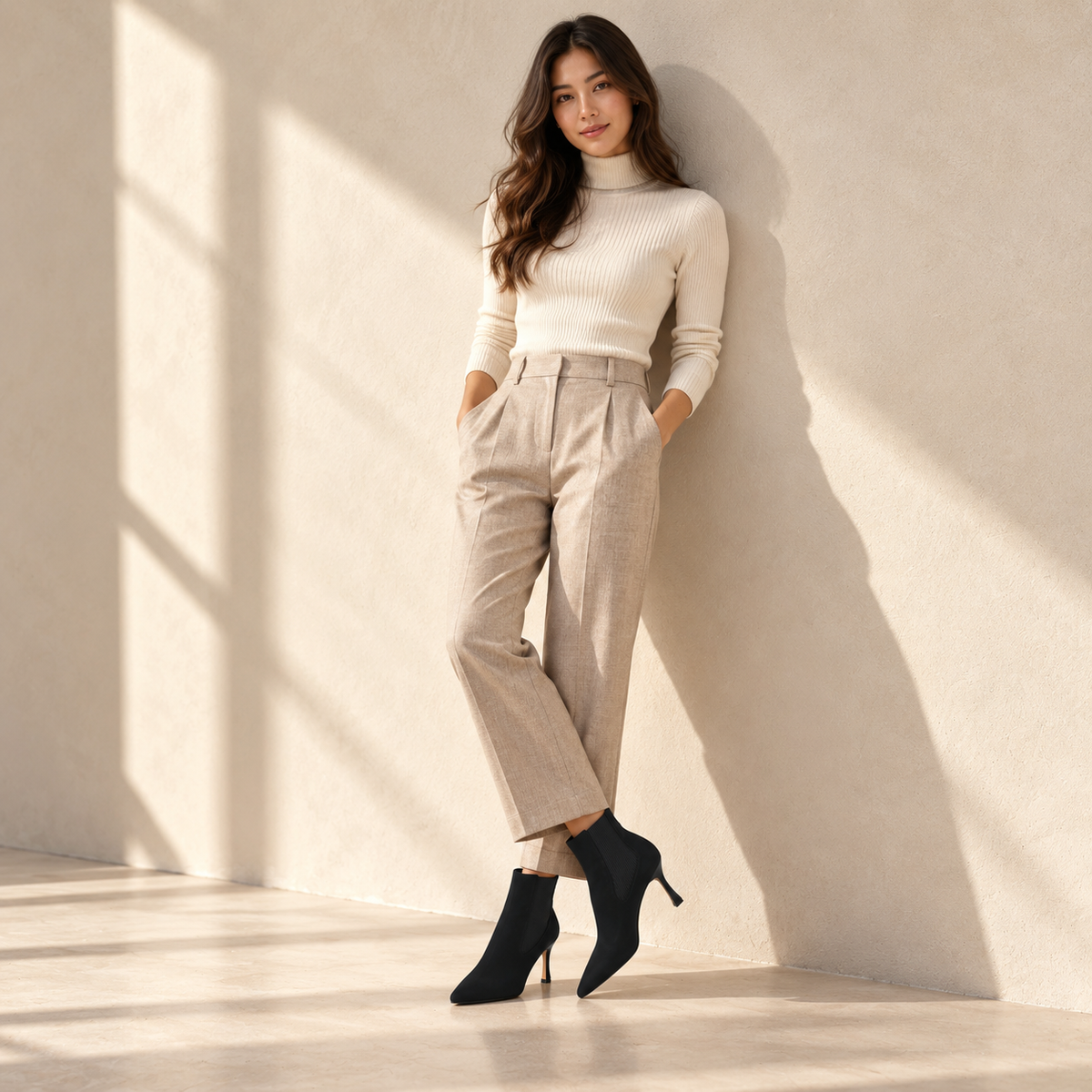 Petite woman styling black suede heeled ankle boots with neutral tailored trousers in a luxury studio setting.