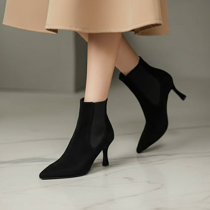 ELIANA black suede ankle boots, 7cm heel, pointed toe and elastic panels, side view.