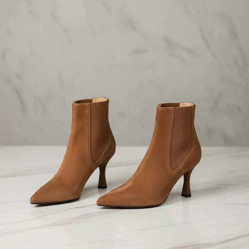 ELIANA tan suede petite ankle boots with 7cm heel and elastic side panels, angled view.