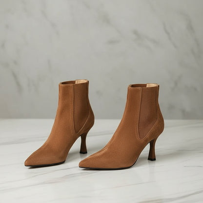 ELIANA tan suede petite ankle boots with 7cm heel and elastic side panels, angled view.