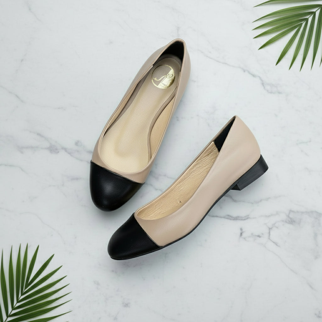 Pair of beige and black shoes on a gray background